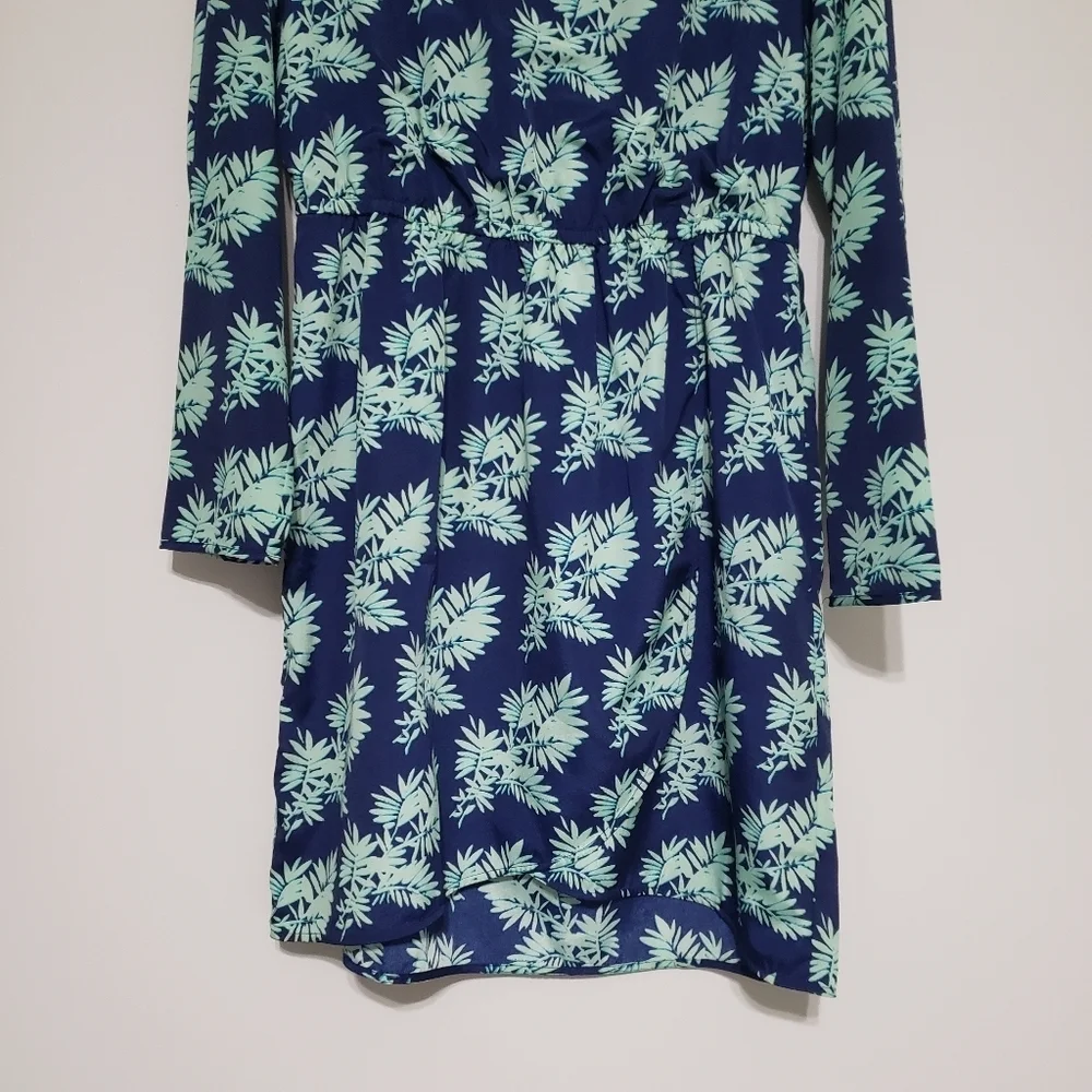 J. Crew Leaf Print Long Sleeve Dress 10 Navy Blue Mint Green Faux Wrap Lined